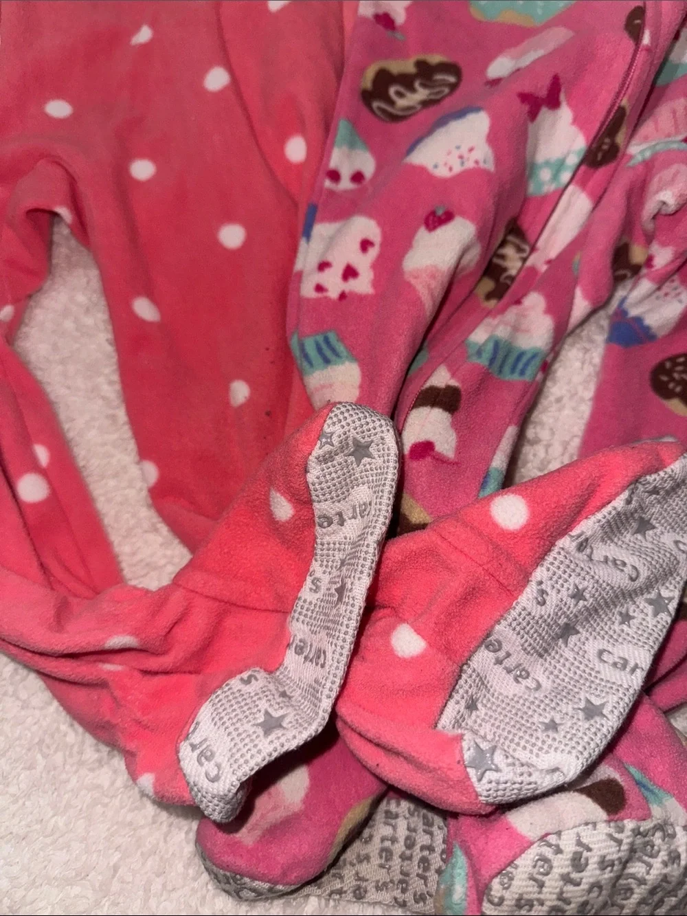 2 fleece Carter’s Pink Girls' One-Piece Footed Sleepers -Cute Cupcake &Polka Dot